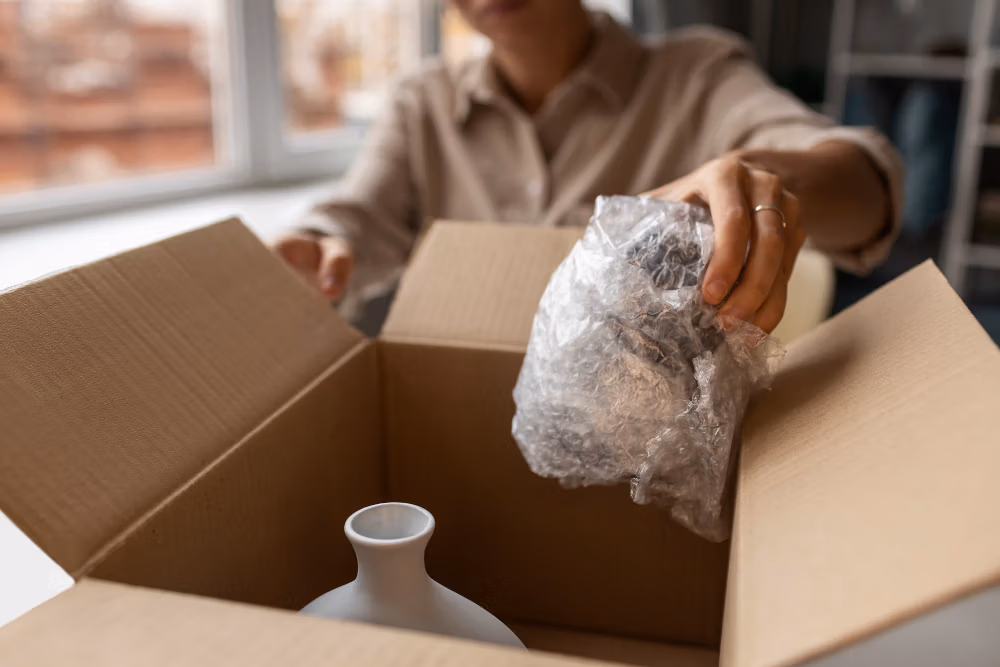 items being wrapped in bubble wrap and placed in box