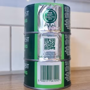 John West Tuna Chunks in Spring Water multipack can showing QR code and barcode