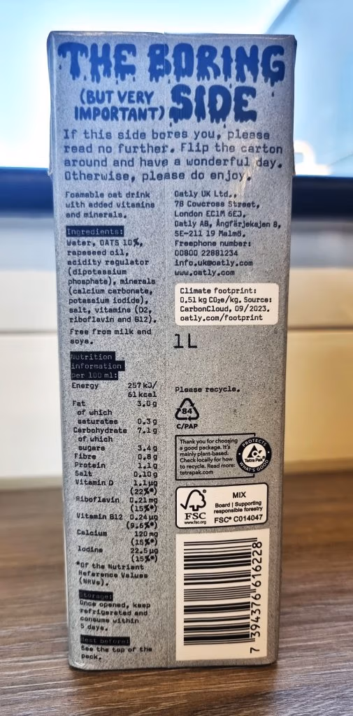 back of an oatly oat milk carton