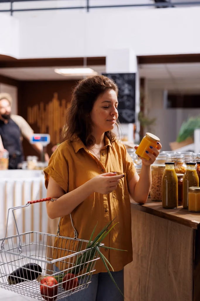 Woman with a basket containing an aubergine and three apples is looking at a car of solid honey