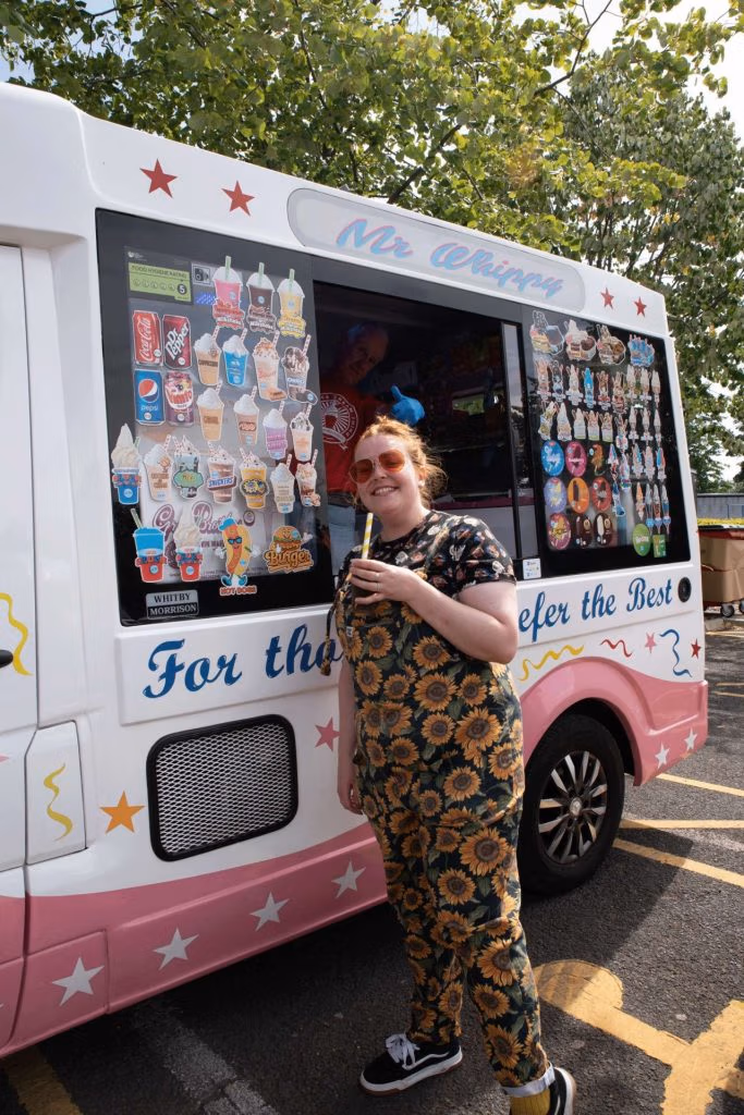 Looking happy at ice cream van