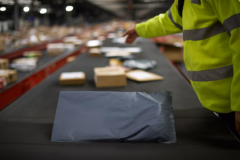 Image of grey mailing bag on a conveyor with item inside