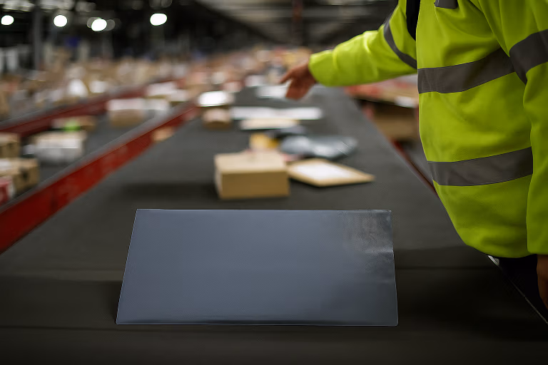 Image of grey mailing bag on a conveyor