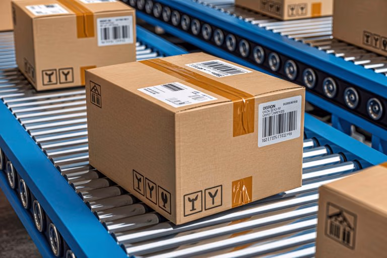 Image of package on metal roller conveyer with labels